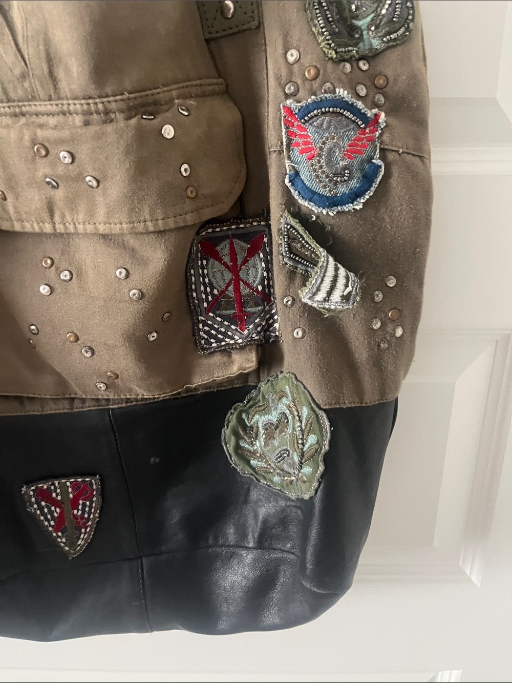 Free People Khaki and Black Patchwork Tote with Embroidered Patches - Picture 6 of 12